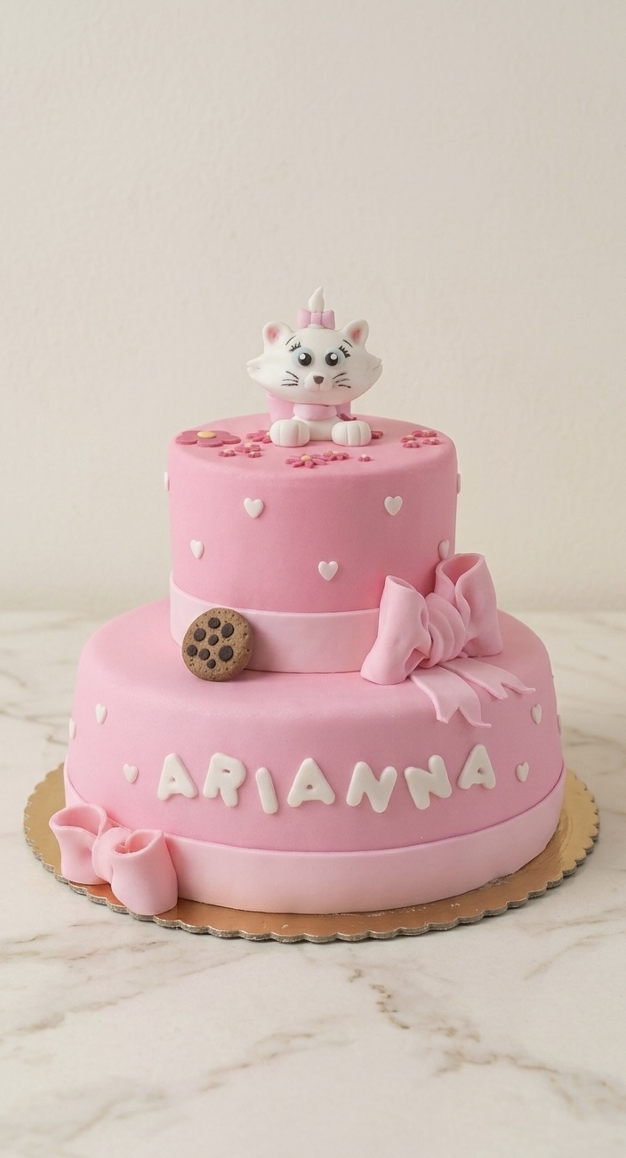 Torta a due piani rosa con gattina e scritta Arianna